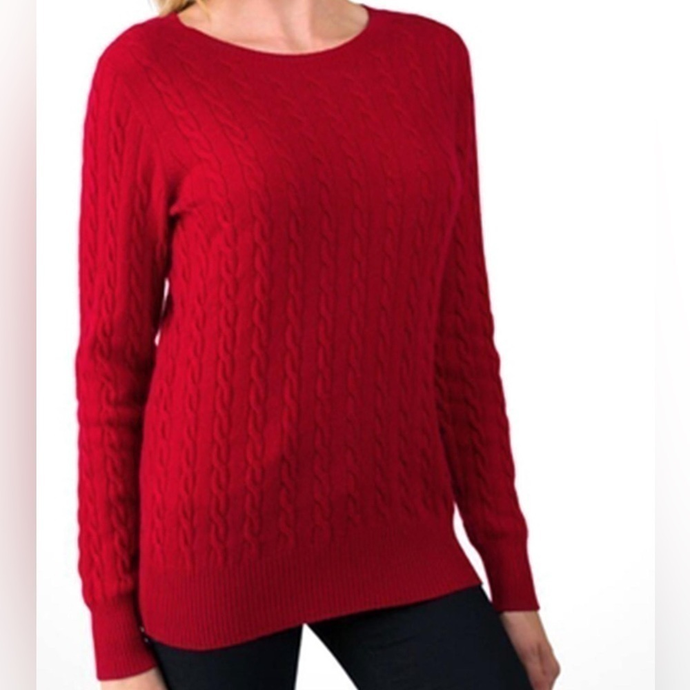 American Eagle Women's Sz Large Crewneck Cableknit Sweater Red Zipper Hem Cotton